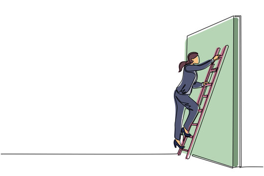 recommend clip art: Continuous one line drawing businesswoman climbing up the wall with ladder. Business obstacle metaphor. Symbol for career growth, finding creative solution. Single line draw design vector illustration