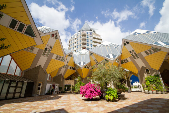 Rotterdam Holland - May 15th 2013: Looking up at the Cube Houses of Rotterdam, quirky architecture by Piet Blom