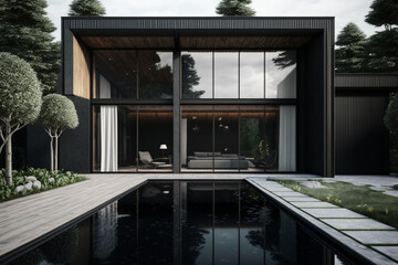 Minimalistic exterior with panoramic window and swimming pool, Generative AI