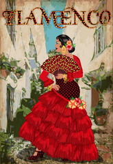 Spanish Flamenco dancer girl with fan , city background, vector illustration