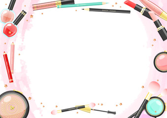 Glamour background. Beautiful illustration of colorful makeup products with golden stars and watercolor brush strokes. Vector 10 EPS.