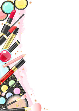 Glamour background. Beautiful illustration of colorful makeup products with golden stars and watercolor brush strokes. Vector 10 EPS.