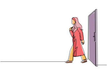 Single continuous line drawing Arabic businesswoman walking and leaving closed door. New business ventures. Entering new market. Career growth concept. One line draw graphic design vector illustration