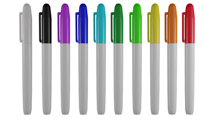 Set of colorful marker pens with caps isolated on transparent background. Minimal concept. 3D render - obrazy, fototapety, plakaty