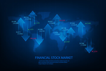 Vector stock market graph trading chart with world map.