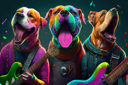 Three dogs with guitars and colorful paint on their faces. Generative AI.