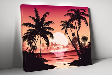 Palm trees on the beach at sunset. Generative AI.