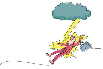 Single one line drawing Arabian businesswoman struck by lightning or thunder from dark cloud. Bad luck, misery, unfortunate, unlucky, disaster, risk, danger. Continuous line draw design graphic vector