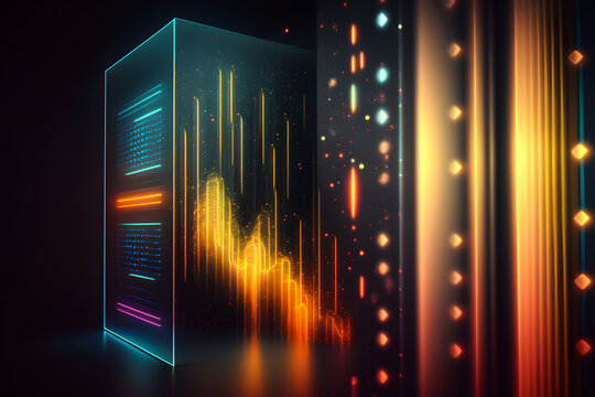 Big data concept. Big data neon server with bright neon elements on black background. Futuristic digital background. Generation ai