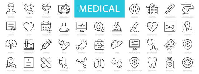 Fototapeta na wymiar Medicine & Health thin line icons. Medical, Medicine, Health, Doctor editable stroke icon set. Vector illustration
