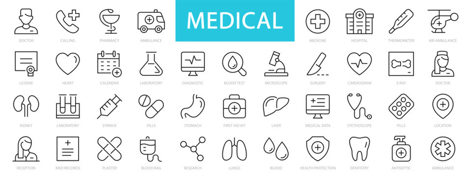 Medicine & Health thin line icons. Medical, Medicine, Health, Doctor editable stroke icon set. Vector illustration