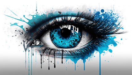 Artistic Expression: Human Eye Close-Up with Blue Ice Paint, Ink Splashes, and Drips on Display, Generative AI