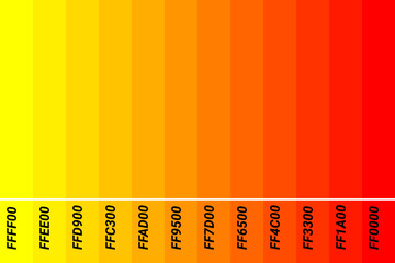 Color palette Red to Yelow with color code. Tone color guide. Vector illustration EPS 10 File. - obrazy, fototapety, plakaty