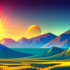 sunset in mountains, retro 80:
