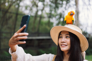 Traveler asian woman with mobile phone selfie Sun conure parrot bird pet on head in zoo