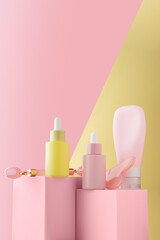Bottles with cosmetic serum or gel and cream, face roller, massager guasha scraper on cubic pink podiums, skin and body care