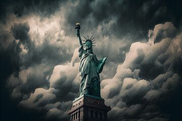 Close up of the statue of liberty with epic cloudy sky at evening. Neural network AI generated art - obrazy, fototapety, plakaty