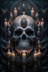Gothic Skull Surrounded by a Sea of Candles - Dark and Moody Artwork Skull PNG | AI Generated
