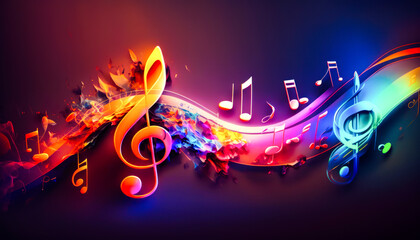 Colorful music notes on dark background. Generative AI.