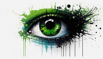 Green Eye Art: Close-Up of Human Eye with Green Paint, Ink Splashes, and Drips, Generative AI