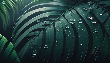 Morning dew on green tropical leaf close up illustration freshness of drops of water on leaves after the rain floral background of nature picture generative ai