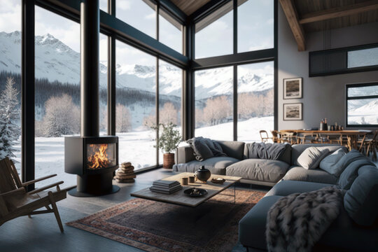 Living room with fireplace, mountain chalet interior. Winter, snowy landscape view out of window. Generative AI
