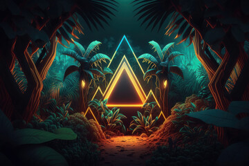 Creative fluorescent, neon color layout made of tropical leaves. nature concept. ai generative