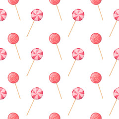 Tasty seamless repeating pattern of colorful candy on sticks. Raster illustration. Designed for packaging, fabric, etc.