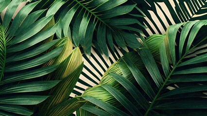 green tropical leaf of palm close up illustration freshness of plants floral background of nature picture with place for product saturated different leaves generative ai