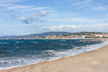 View of old town of Cannes with city beach and palais des festivals