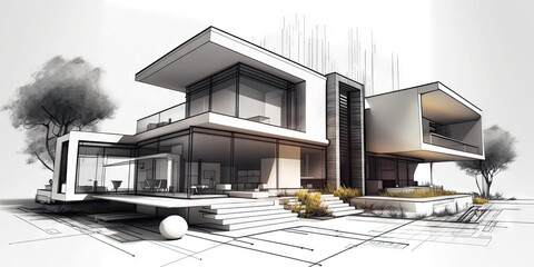 Croquis d'architecture à la main, villa moderne, bâtiment design, traits de construction visible