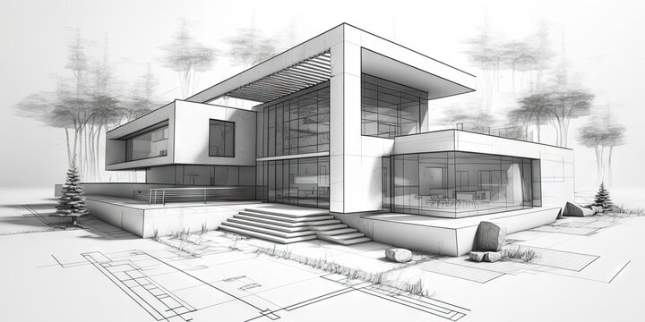 Croquis d'architecture &agrave; la main, villa moderne, b&acirc;timent design, traits de construction visible
