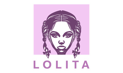 Vector pink logo. Portrait of a beautiful pleasant cute girl with pigtails and the inscription Lolita. White isolated background. Sticker, icon or emblem.