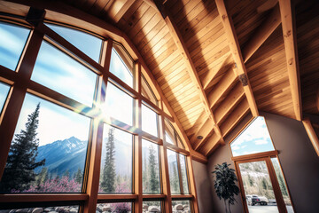 Chalet wooden roof interior. Snowy mountain and blue sky view out of windows. Sunny day in Winter. Generative AI