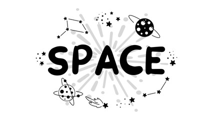 Obraz premium Ready-made banner with the inscription space and a set of space elements, planets, stars, constellations, a flying saucer. Сhildren's illustrations on a space theme, spaceships