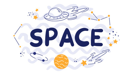 Ready-made banner with the inscription space and a set of space elements, planets, stars, constellations, a flying saucer. Сhildren's illustrations on a space theme, spaceships