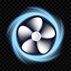 White cooler fan with blue air waves. Computer cooling fan. Air care, ventilation and conditioning background. Propeller icon with air or water currents vector illustration isolated on transparent