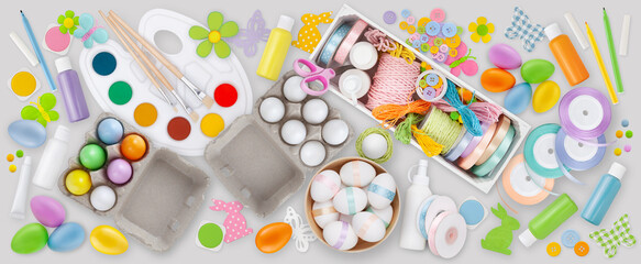 Table Top View of Easter Crafts and Materials for Colorful Egg Decoration and Ornament Making,...
