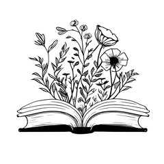Book with flowers line art vector icon, isolated floral clipart. Open storybook and wildflowers boho decorative composition, black and white spring or summer bouquet Minimal illustration drawing