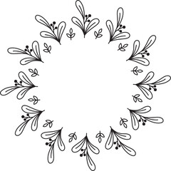 Vector hand drawn floral frame isolated on white background. Contour circle with plants