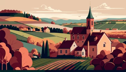 Fotobehang Vineyard in burgundy france. Wine tasting. Famous grapes, vector art. Illustration of bordeaux scenery. Nature, peaceful winery. Delicious french wines. Harvest of grapes for cabernet red wine.  © Fortis Design