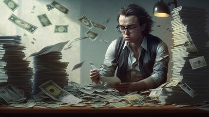 a handsome rich business man with a lot of banknotes is sitting in the office and money is flying around with colorful illustration generative ai