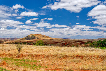 Devastated central Madagascar landscape, Mahajanga Province. Highland deforested countryside. Deforestation creates agricultural pastoral land but also result ecology problem with soil and water.