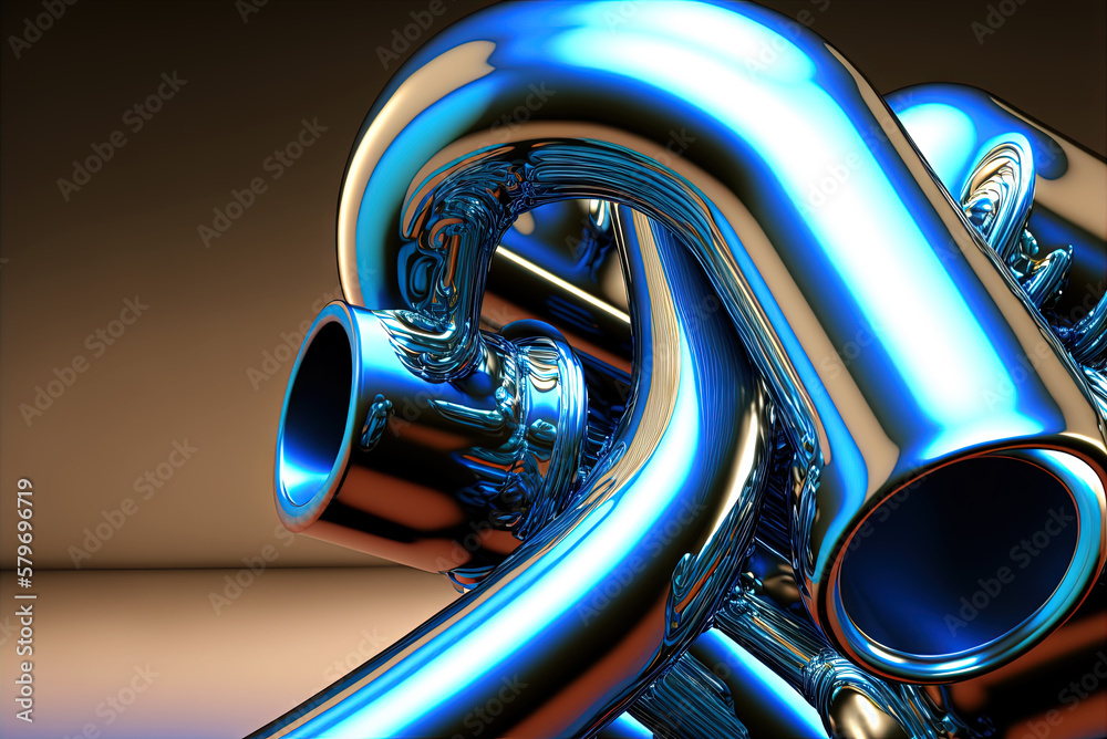 Poster Abstract chrome pipes composition. Industry themed background with shiny metallic connected pipes. Generated AI.