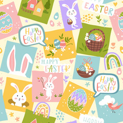 Cute hand drawn Easter seamless pattern with bunnies, flowers, easter eggs, beautiful colorful background, great for Easter Cards, banner, textiles, wallpapers - vector design