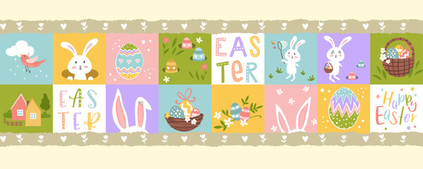 Cute hand drawn Easter seamless pattern with bunnies, flowers, easter eggs, beautiful colorful background, great for Easter Cards, banner, textiles, wallpapers - vector design