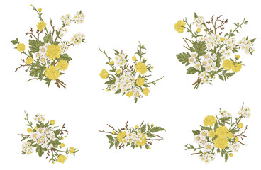 Set with flower bouquets, Isolated on transparent background. Vintage illustration. Flower arrangements with cherry, Japanese kerria and hawthorn.
