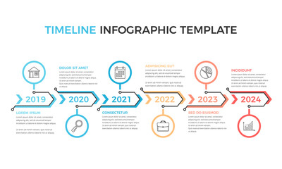 Timeline infographics template with six arrows with place for icons and text