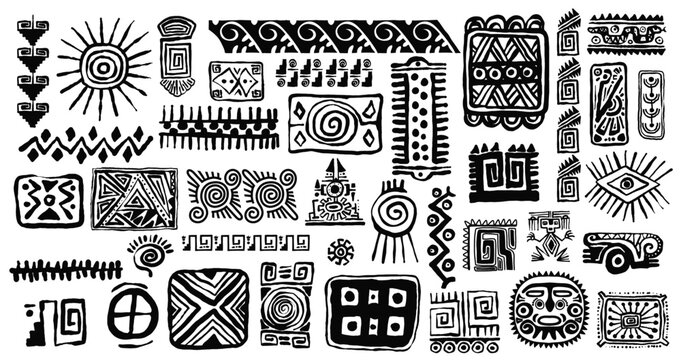 Set of Mexican gods symbols. Abstract aztec animal bird totem idols, ancient inca maya civilization primitive traditional signs. Vector ornament of native americans, aztecs, maya, incas.