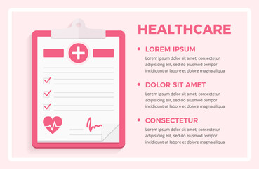 Healthcare concept - clipboard with medical check up, background with place for your text